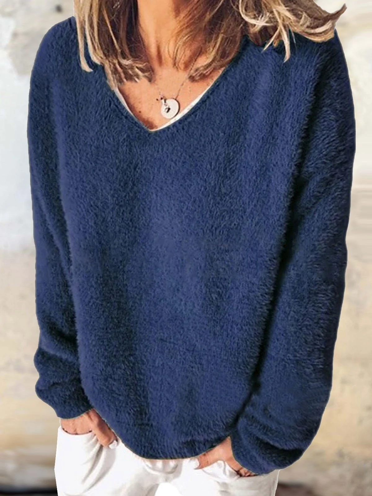 Casual Plain V Neck fluff Sweatshirt