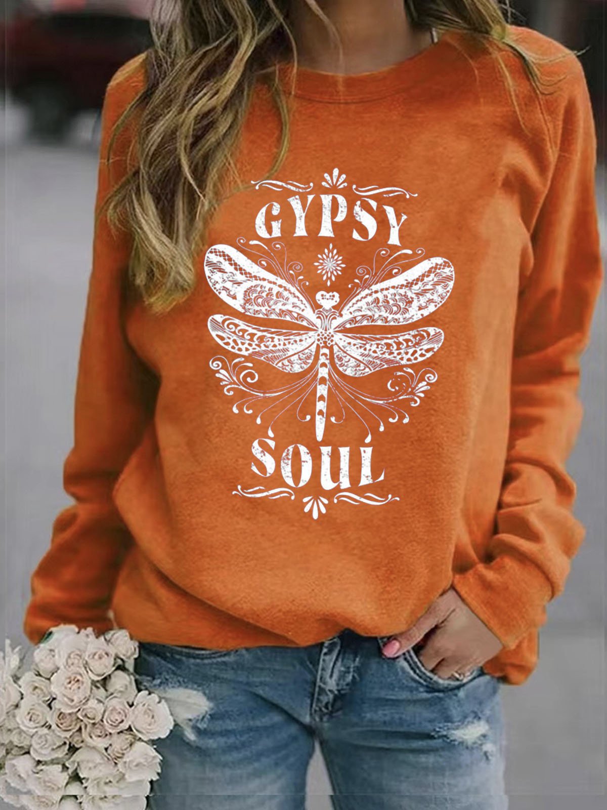 Hippie soul dragonfly print women's pullover sweatshirt