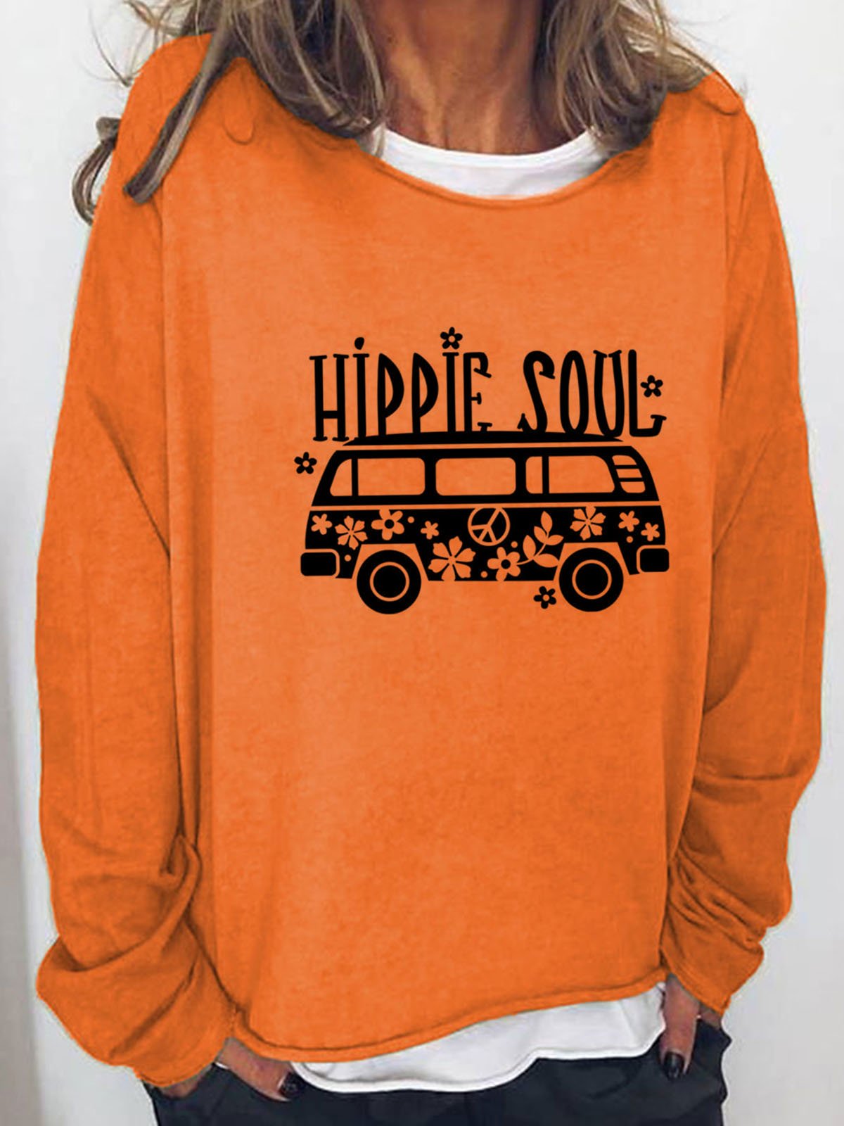 Hippie and bus printed casual women's pullover sweatshirt