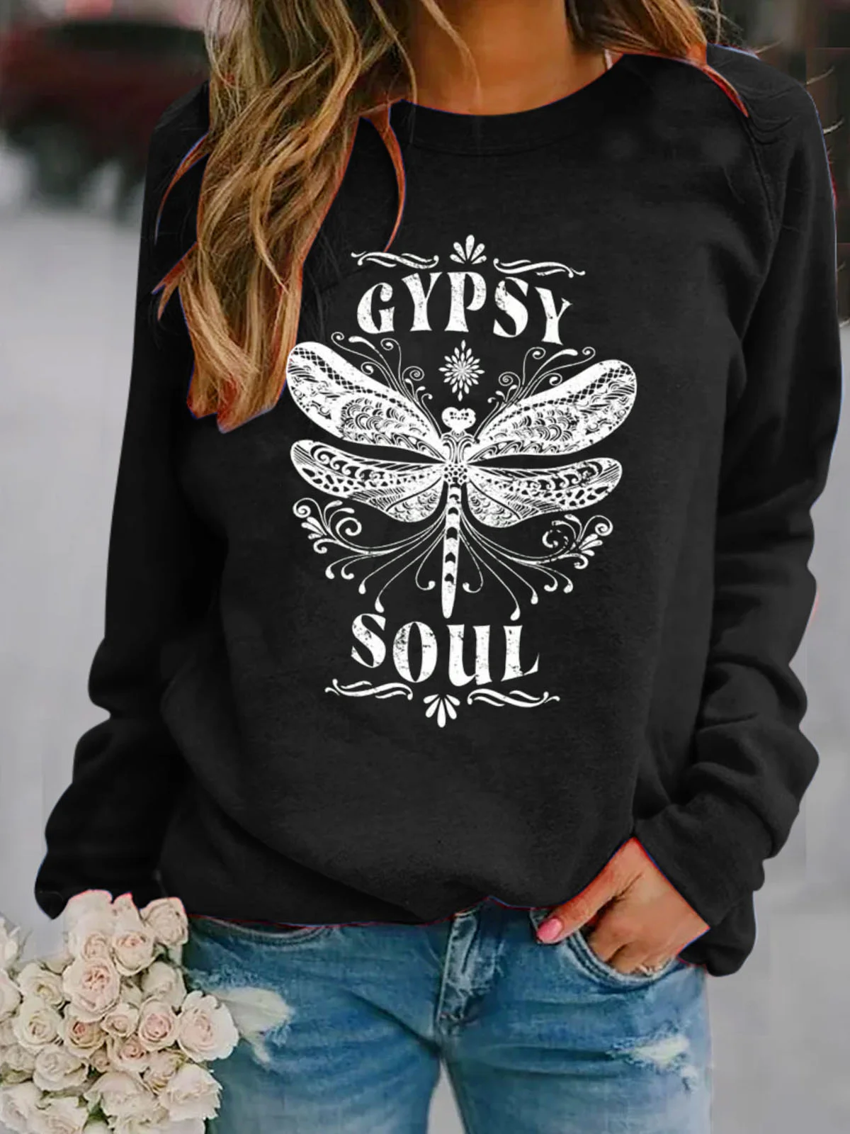 Hippie soul dragonfly print women's pullover sweatshirt