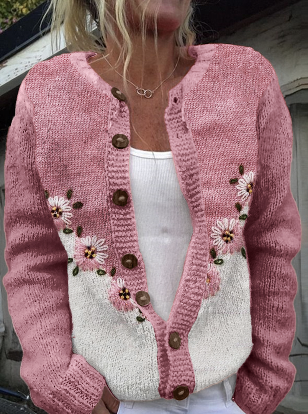 Plant flower color blocked knitted cardigan sweater