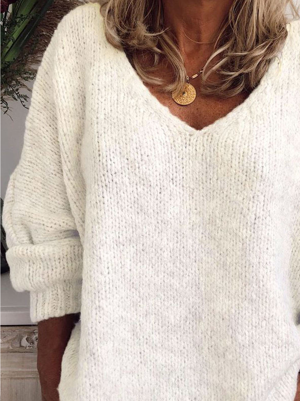 Plain Yarn/Wool Yarn V Neck Casual Sweater