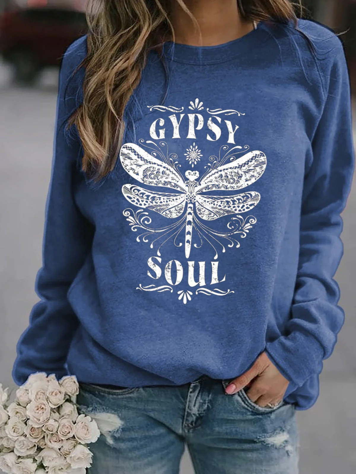 Hippie soul dragonfly print women's pullover sweatshirt