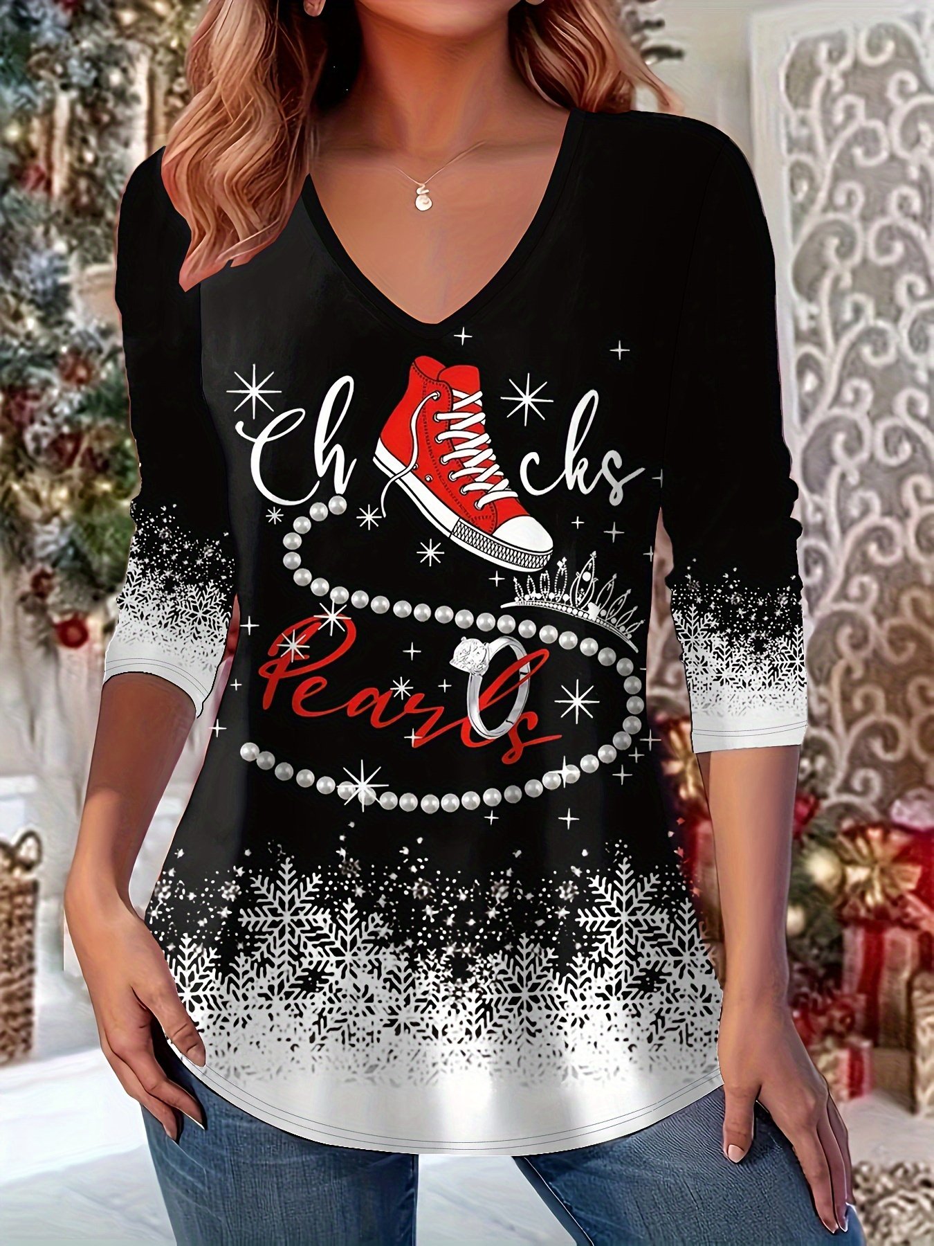 Christmas V Neck Cotton Casual Ombre T-Shirt