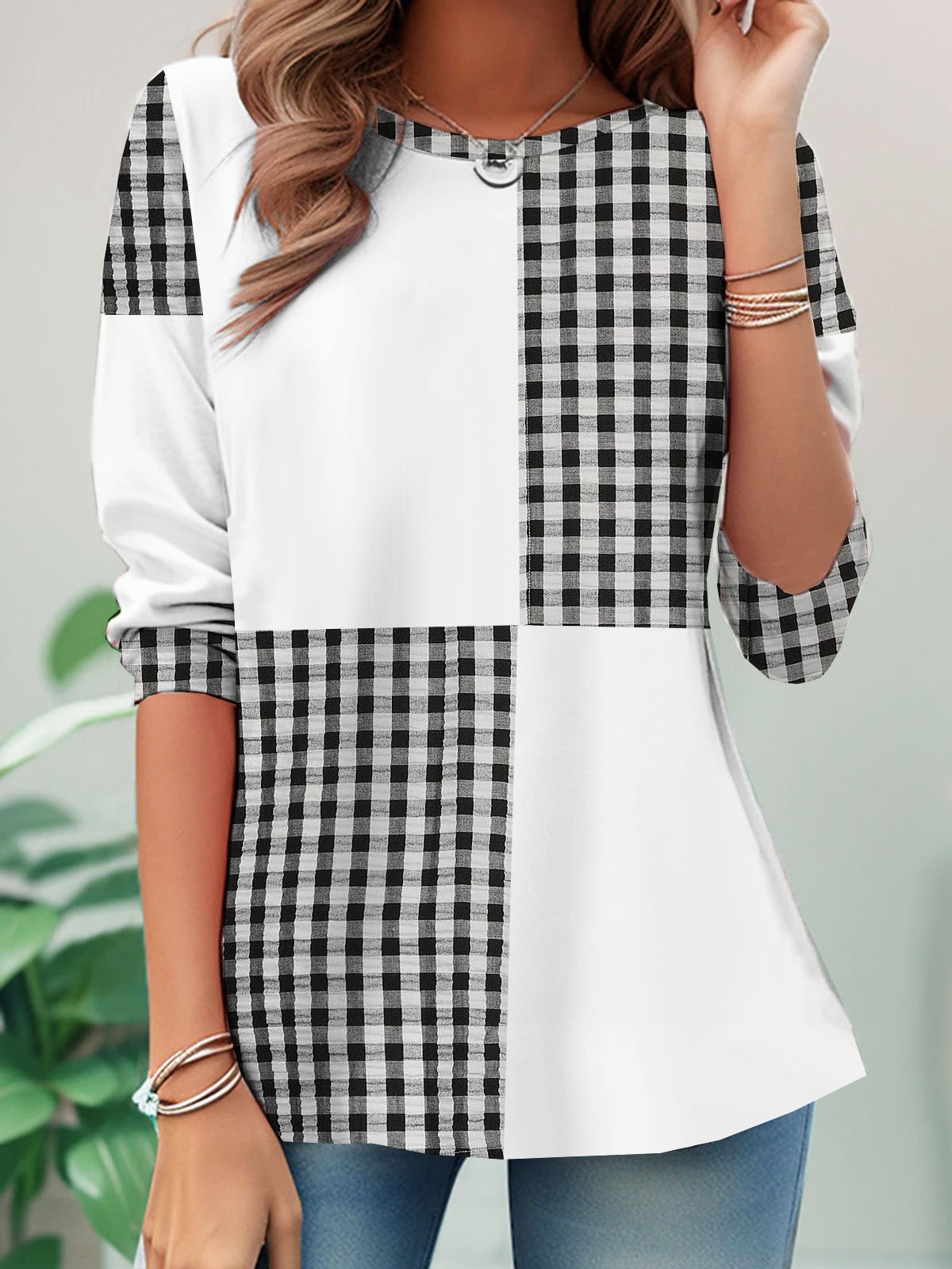 Plaid printed casual round neck T-shirt