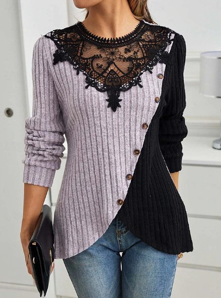 Casual Loose Crew Neck Lace Blouse