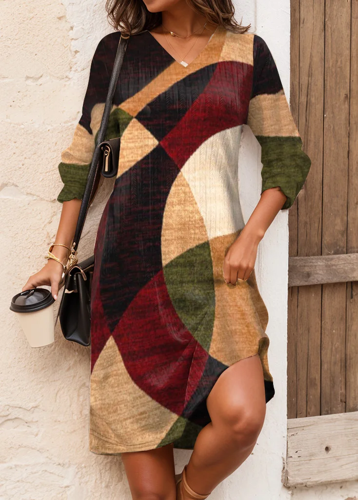 Women's Long Sleeve Summer Brown Geometric V Neck Daily Going Out Casual Midi A-Line TUNIC Dress