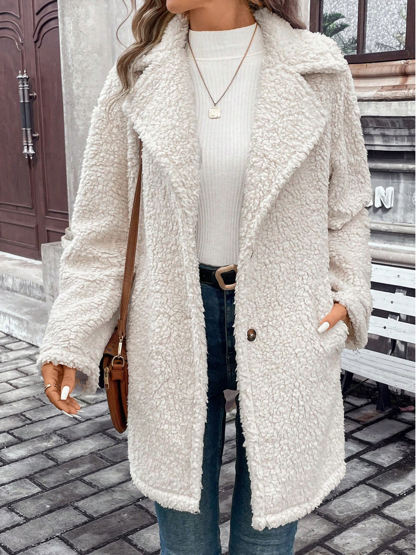 Loose Lapel Collar Casual Plain Teddy Jacket