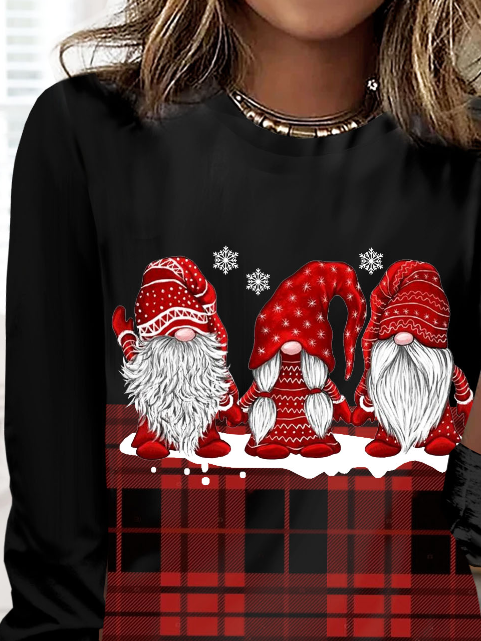 Christmas plaid and dwarf print long sleeved round neck casual women's T-shirt