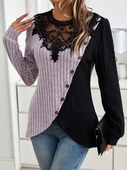 Casual Loose Crew Neck Lace Blouse