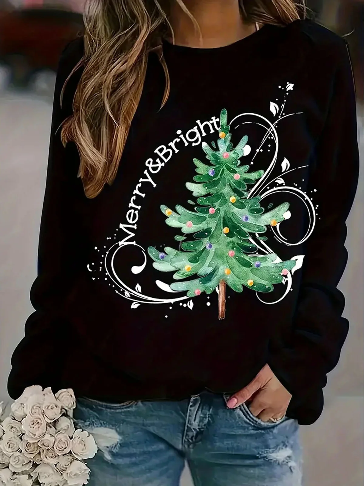 Christmas tree printed casual women's pullover sweatshirt