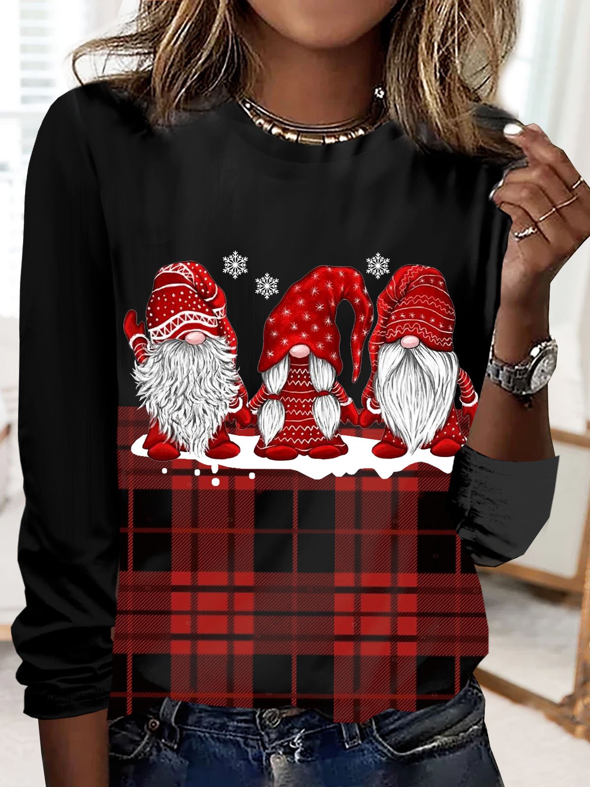 Christmas plaid and dwarf print long sleeved round neck casual women's T-shirt