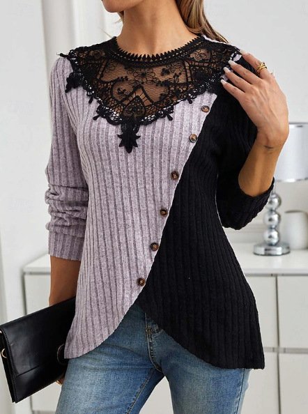 Casual Loose Crew Neck Lace Blouse