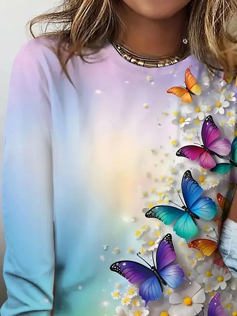 Butterfly print round neck T-shirt