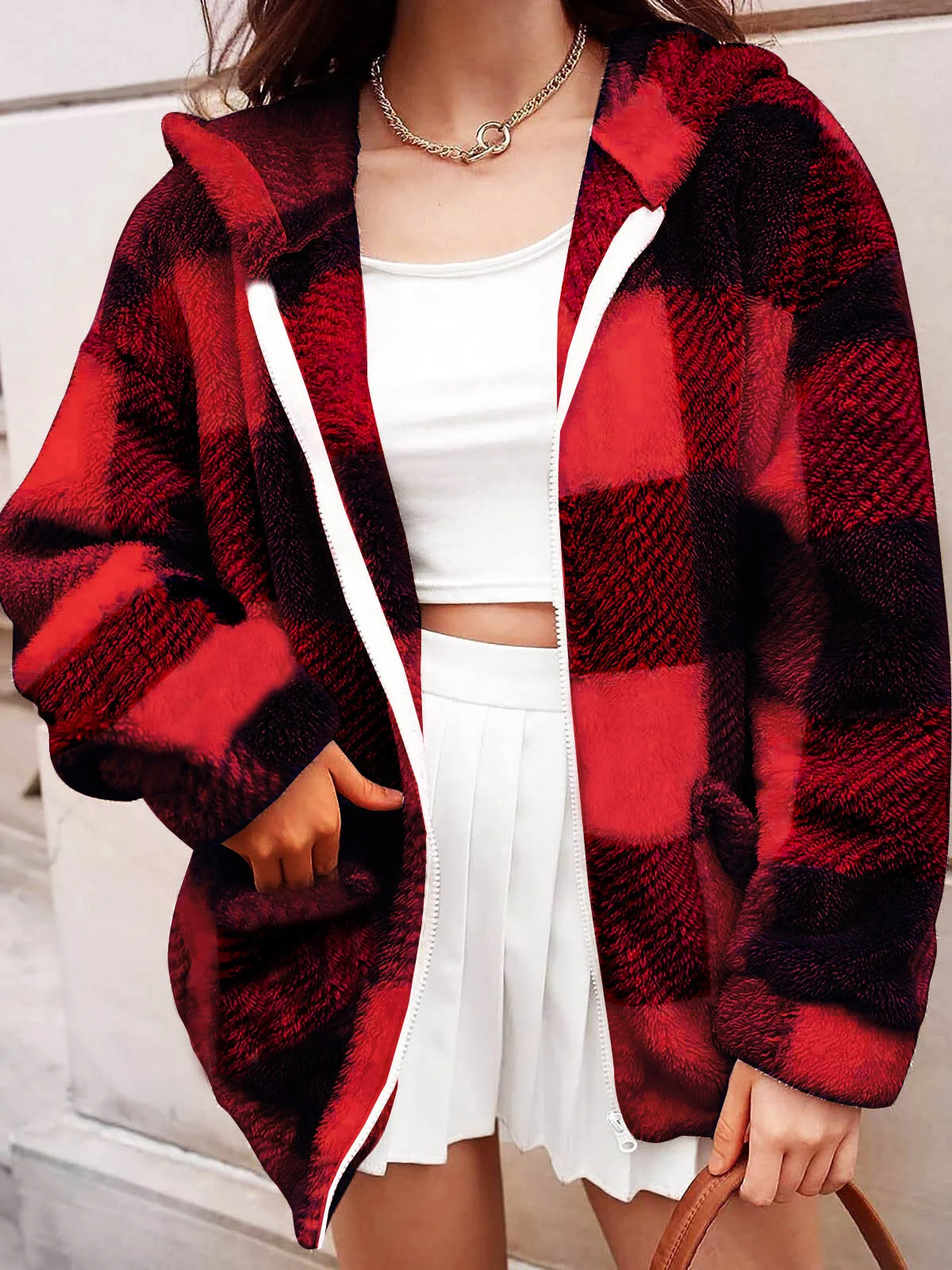 Loose Plaid Hoodie Casual Teddy Jacket