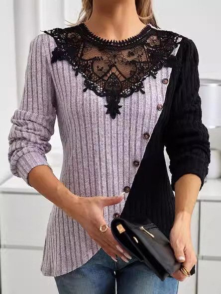 Casual Loose Crew Neck Lace Blouse