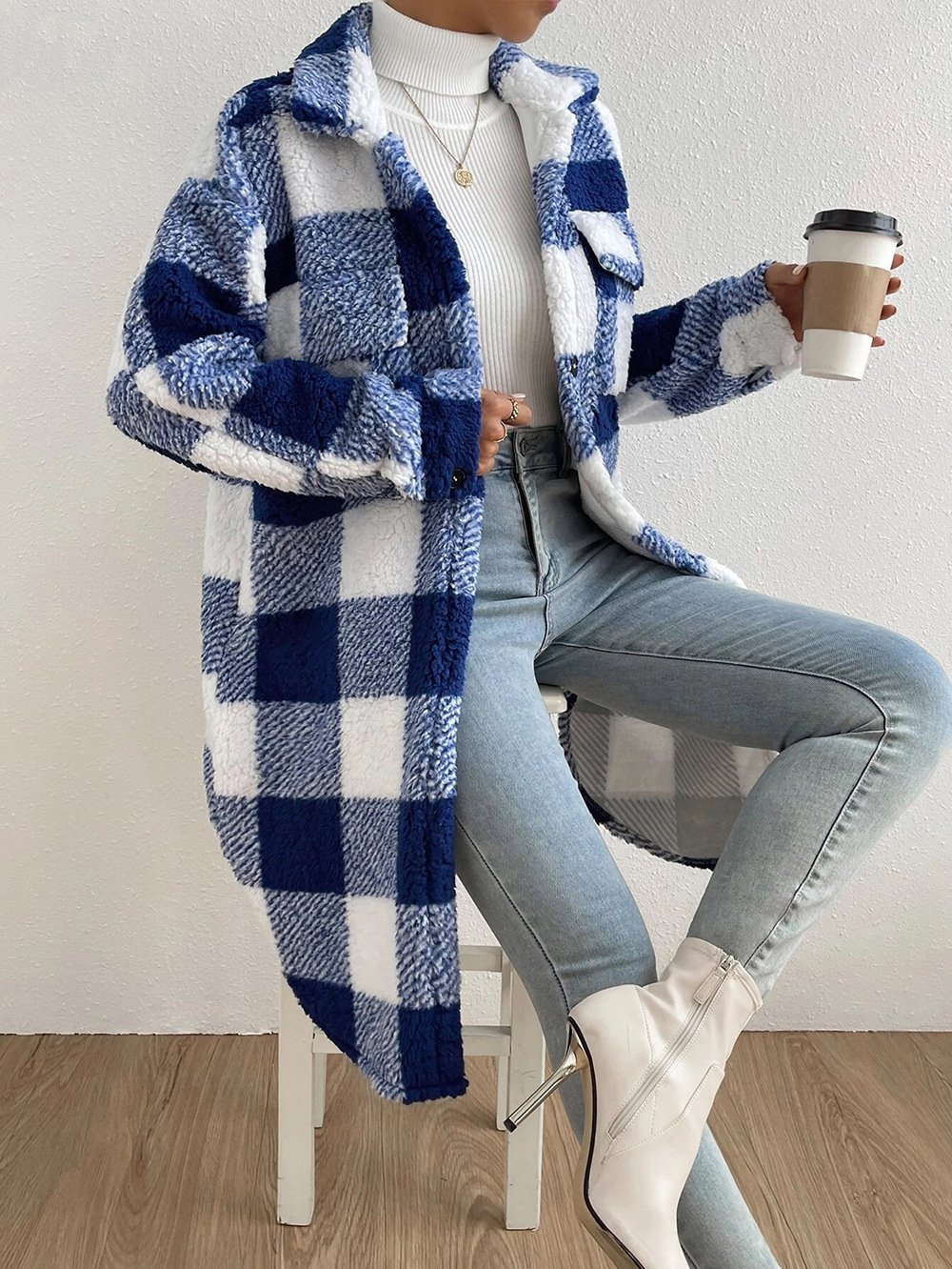 Plaid Casual Fluff/Granular Fleece Fabric Loose Jacket