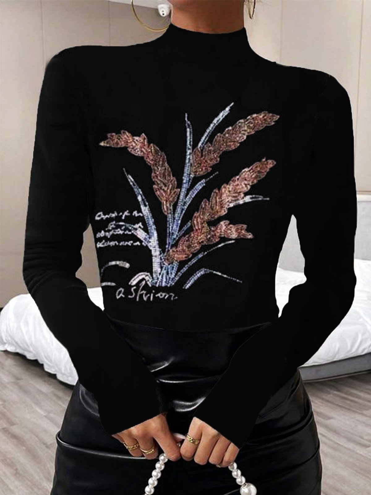 Women's Floral Hot Drilling Mock Neck Casual Top