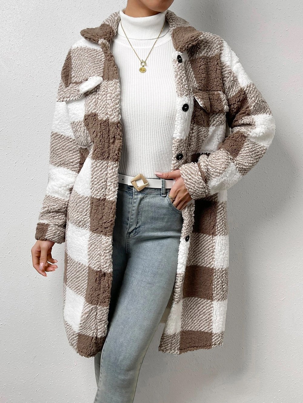 Plaid Casual Fluff/Granular Fleece Fabric Loose Jacket