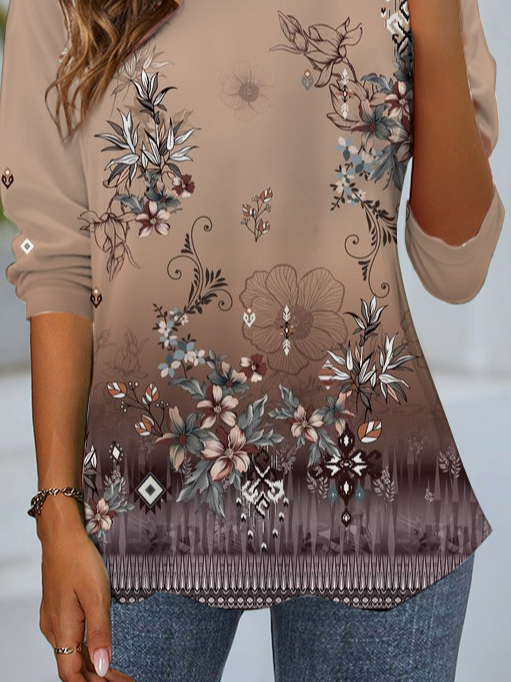 Women's Long Sleeve T-shirt Spring/Fall Brown Floral Jersey Crew Neck Daily Going Out Casual Top