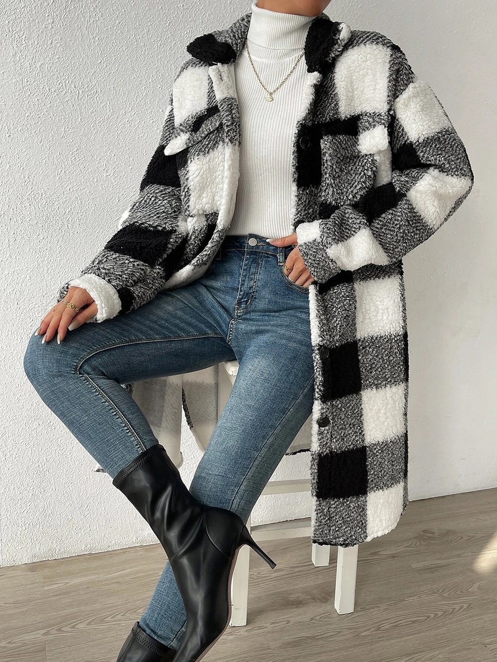 Plaid Casual Fluff/Granular Fleece Fabric Loose Jacket