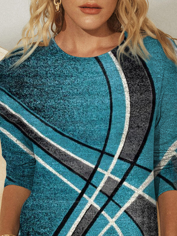 Women's Long Sleeve T-shirt Spring/Fall Blue Geometric Jersey Crew Neck Daily Going Out Casual Top