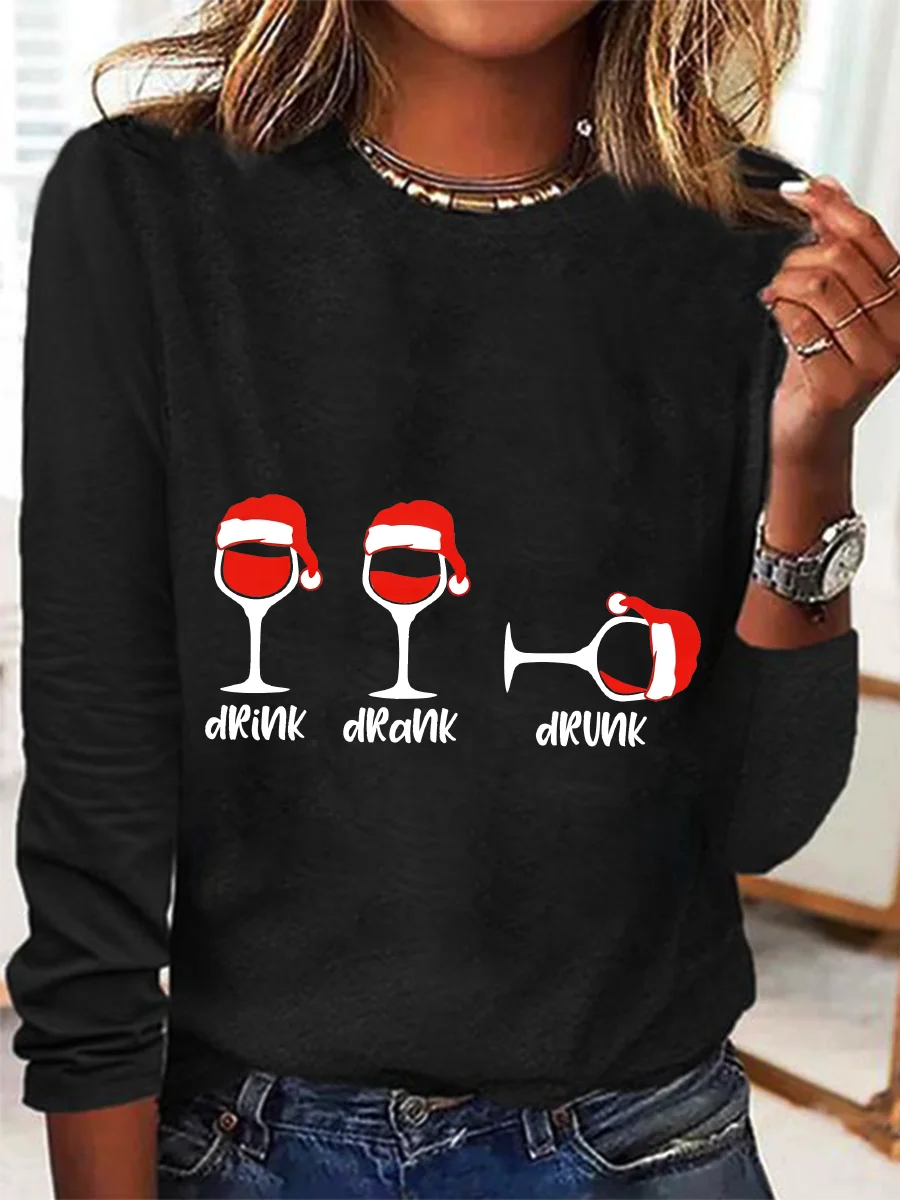 Christmas Wine Glasses Casual Long Sleeve Shirt