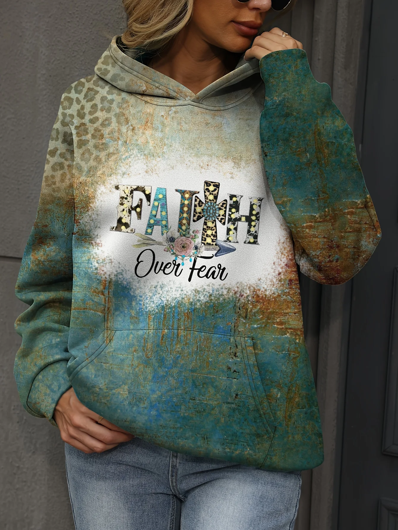 Loose Casual Leopard Print Gradient Pocket Hoodie