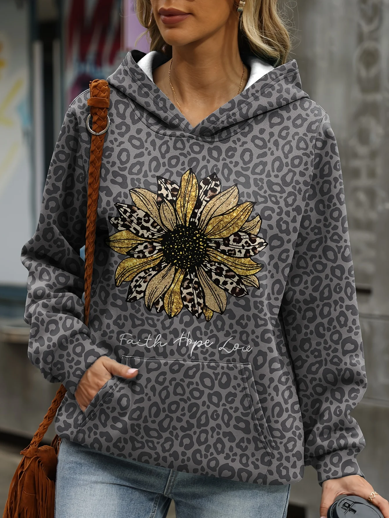 Loose Casual Leopard Print Gradient Pocket Hoodie