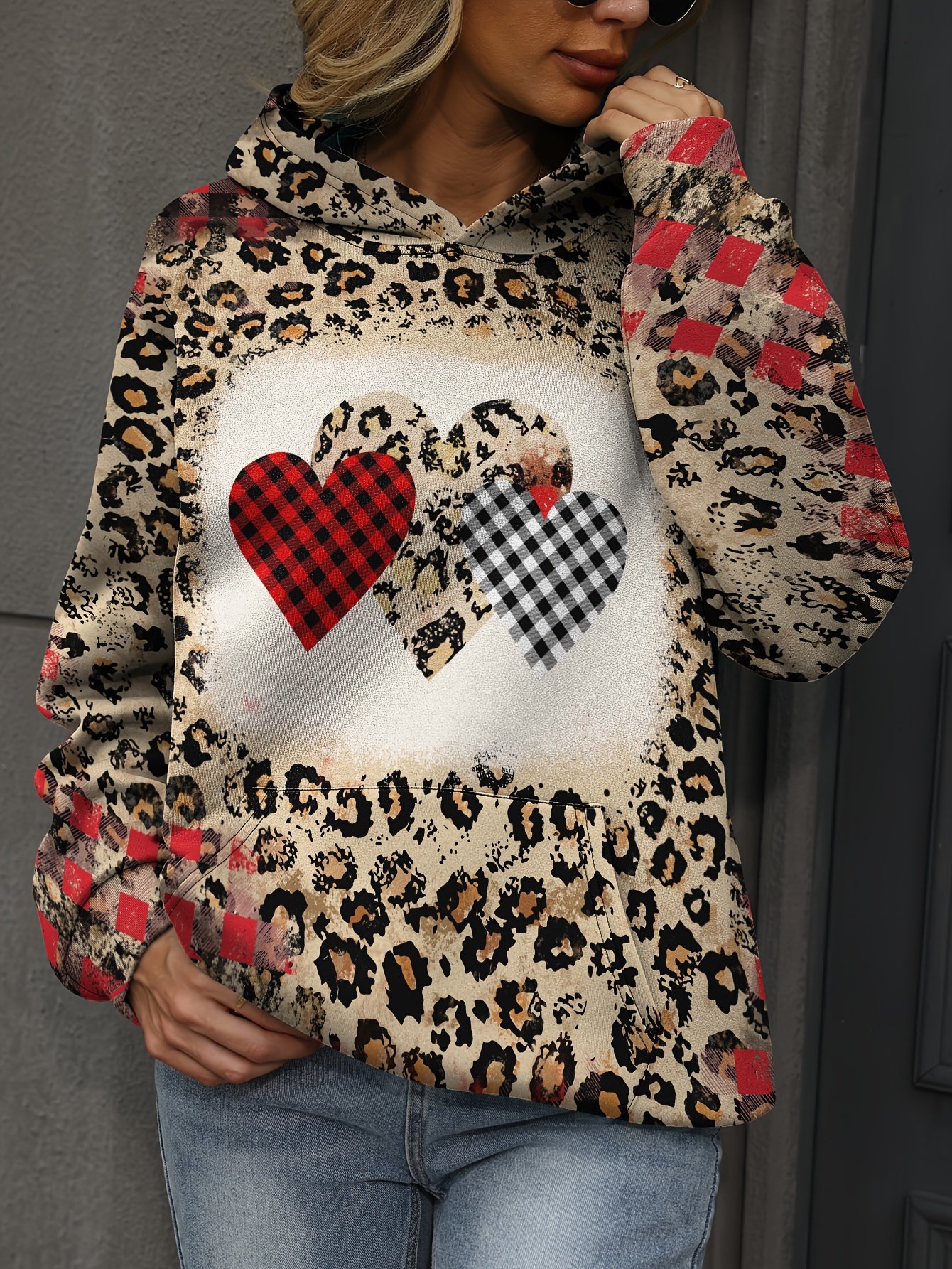 Loose Casual Leopard Print Peace Love Jesus Letter Print Hoodie