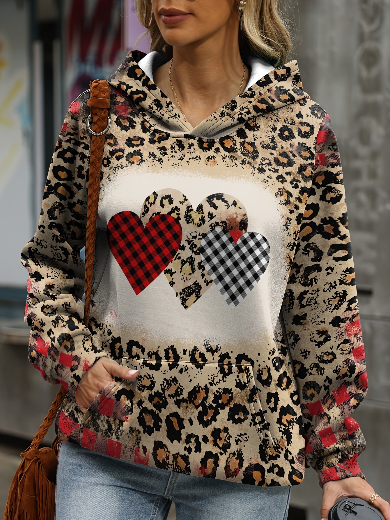 Loose Casual Leopard Print Peace Love Jesus Letter Print Hoodie