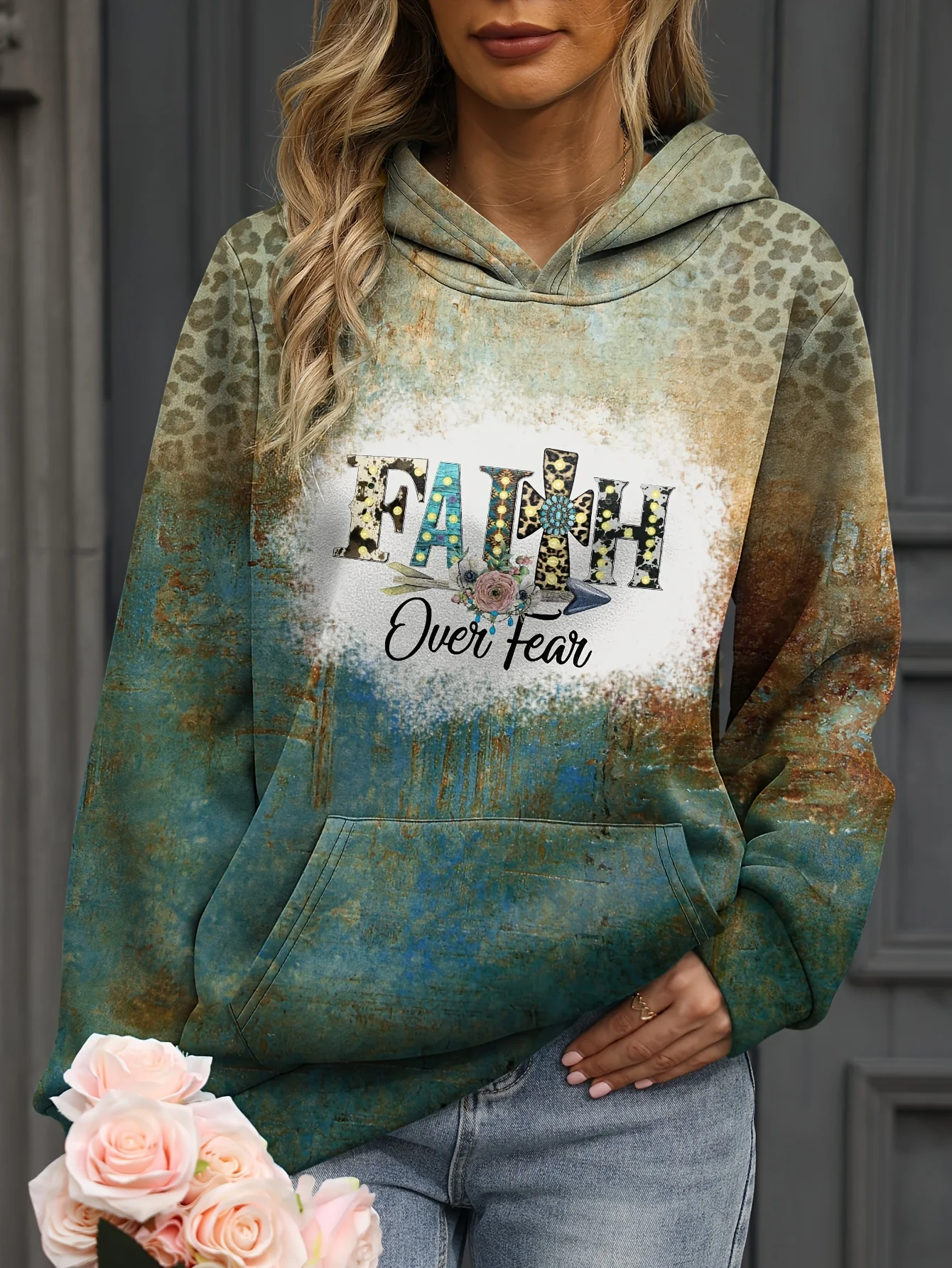 Loose Casual Leopard Print Gradient Pocket Hoodie