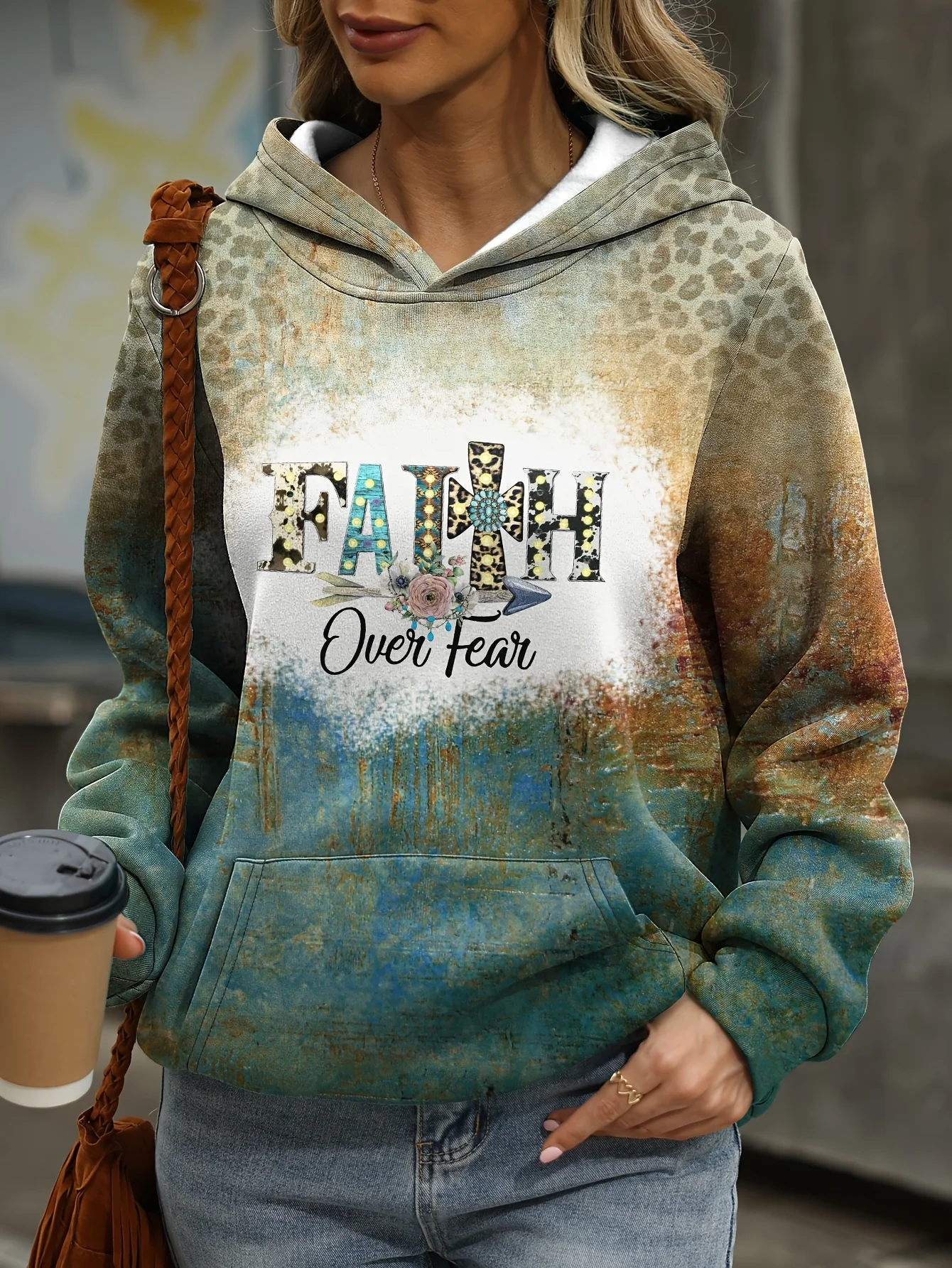 Loose Casual Leopard Print Gradient Pocket Hoodie