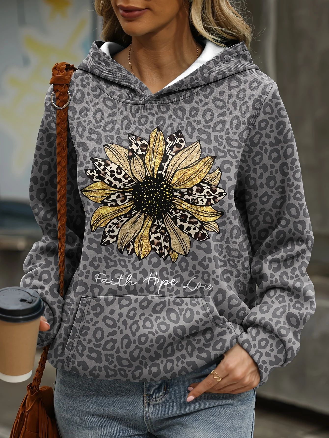 Loose Casual Leopard Print Gradient Pocket Hoodie