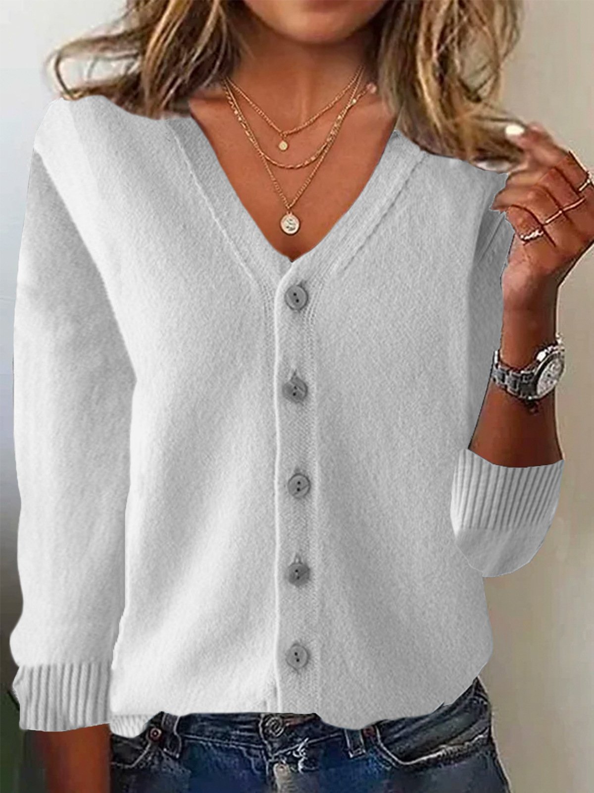 Casual Wool/Knitting Plain Cardigan