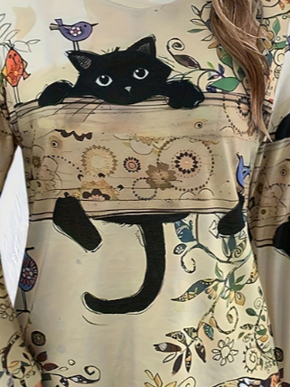 Cute Cat Design Round Neck Casual T-Shirt