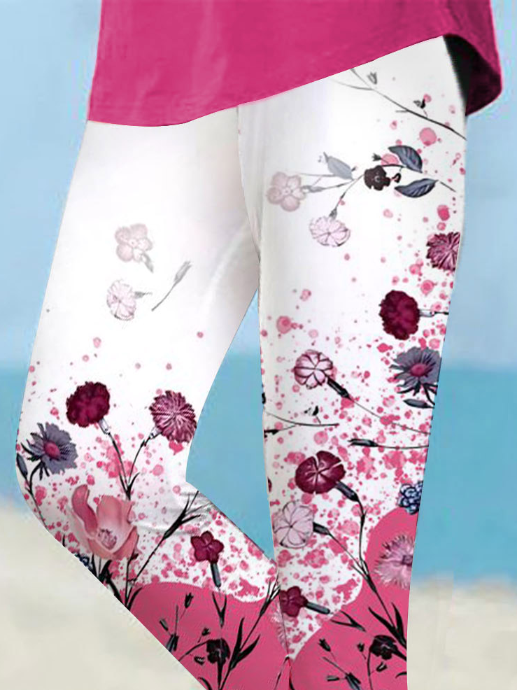 Contrast Floral Design Casual Leggings