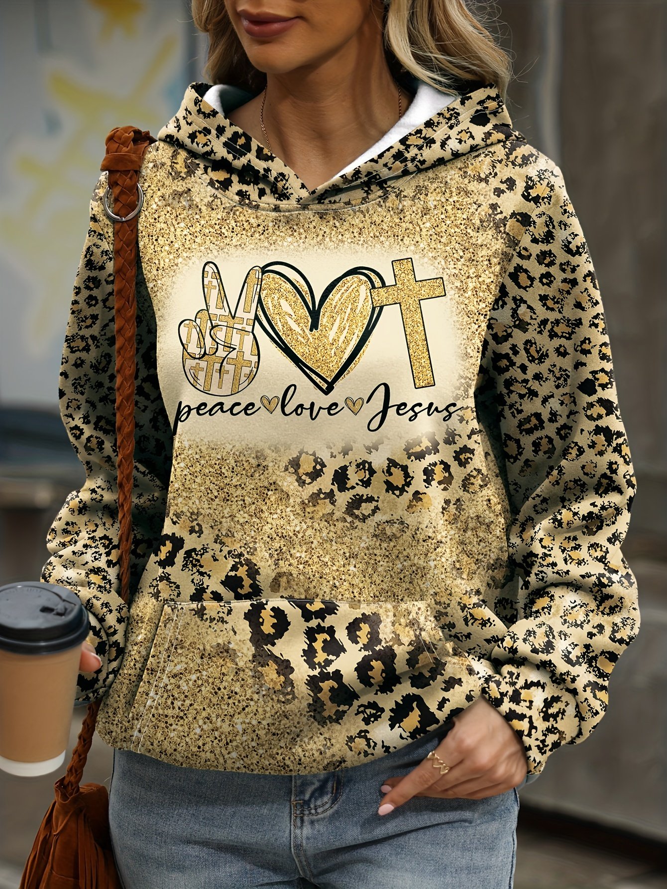 Loose Casual Leopard Print Peace Love Jesus Letter Print Hoodie