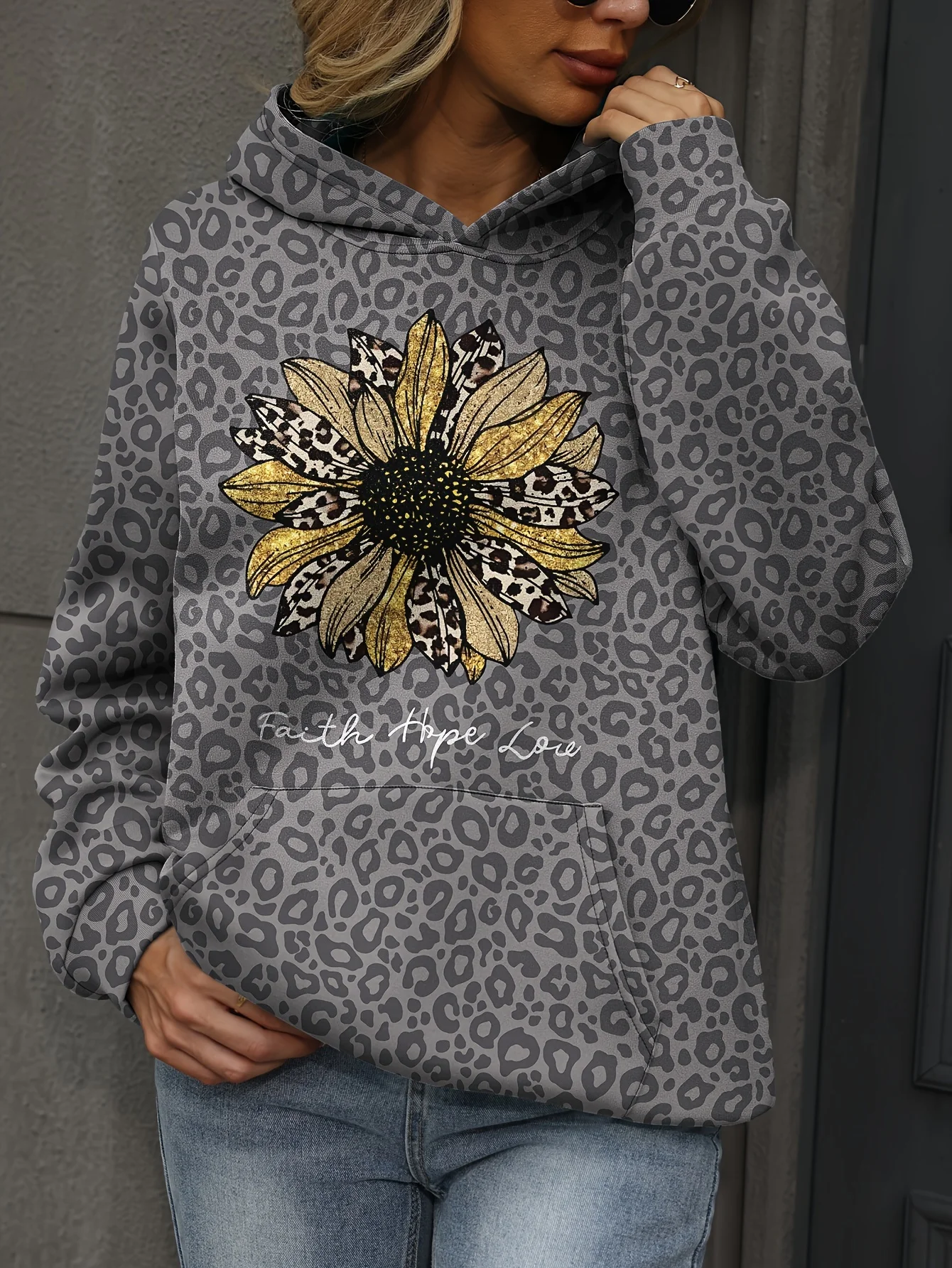 Loose Casual Leopard Print Gradient Pocket Hoodie