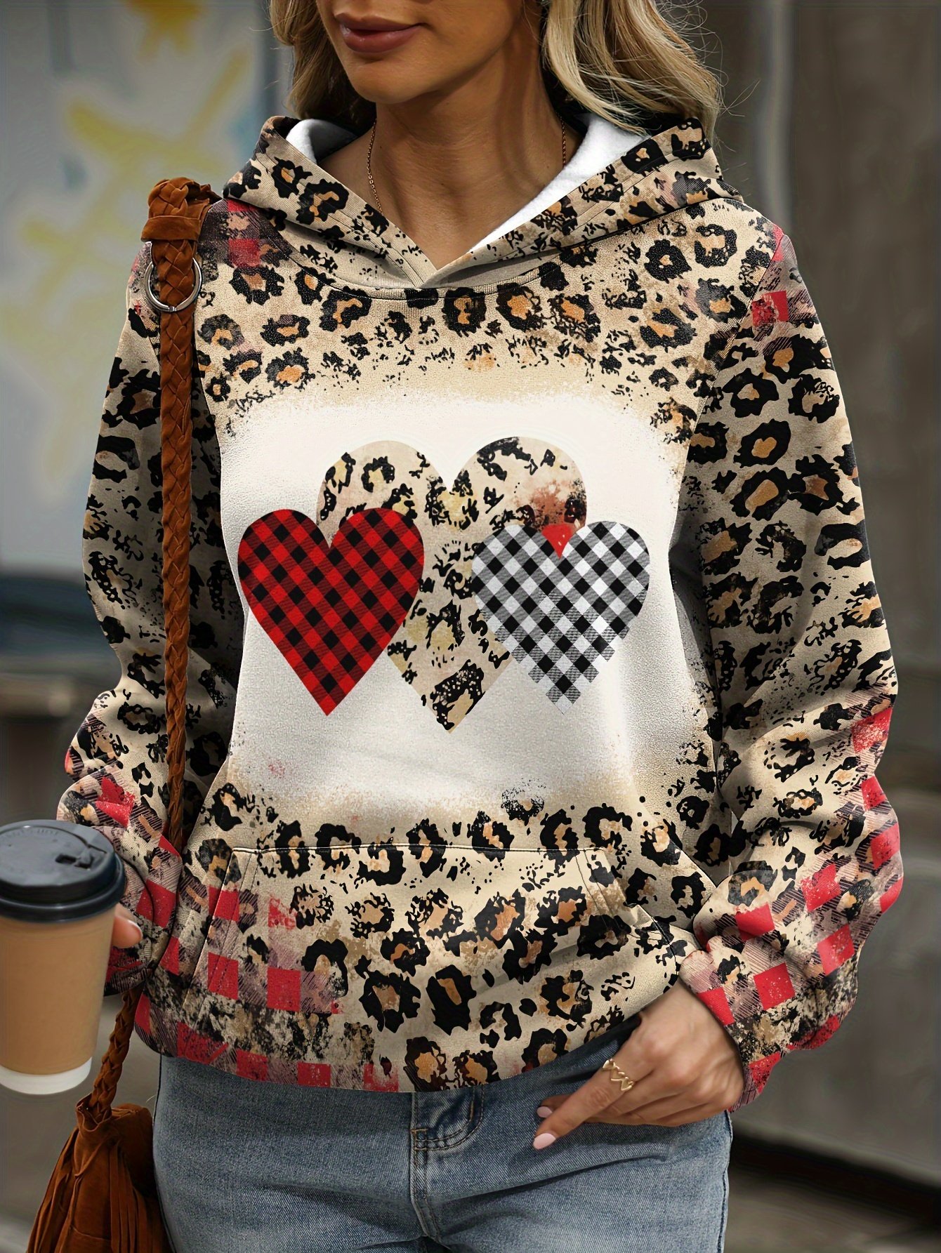 Loose Casual Leopard Print Peace Love Jesus Letter Print Hoodie