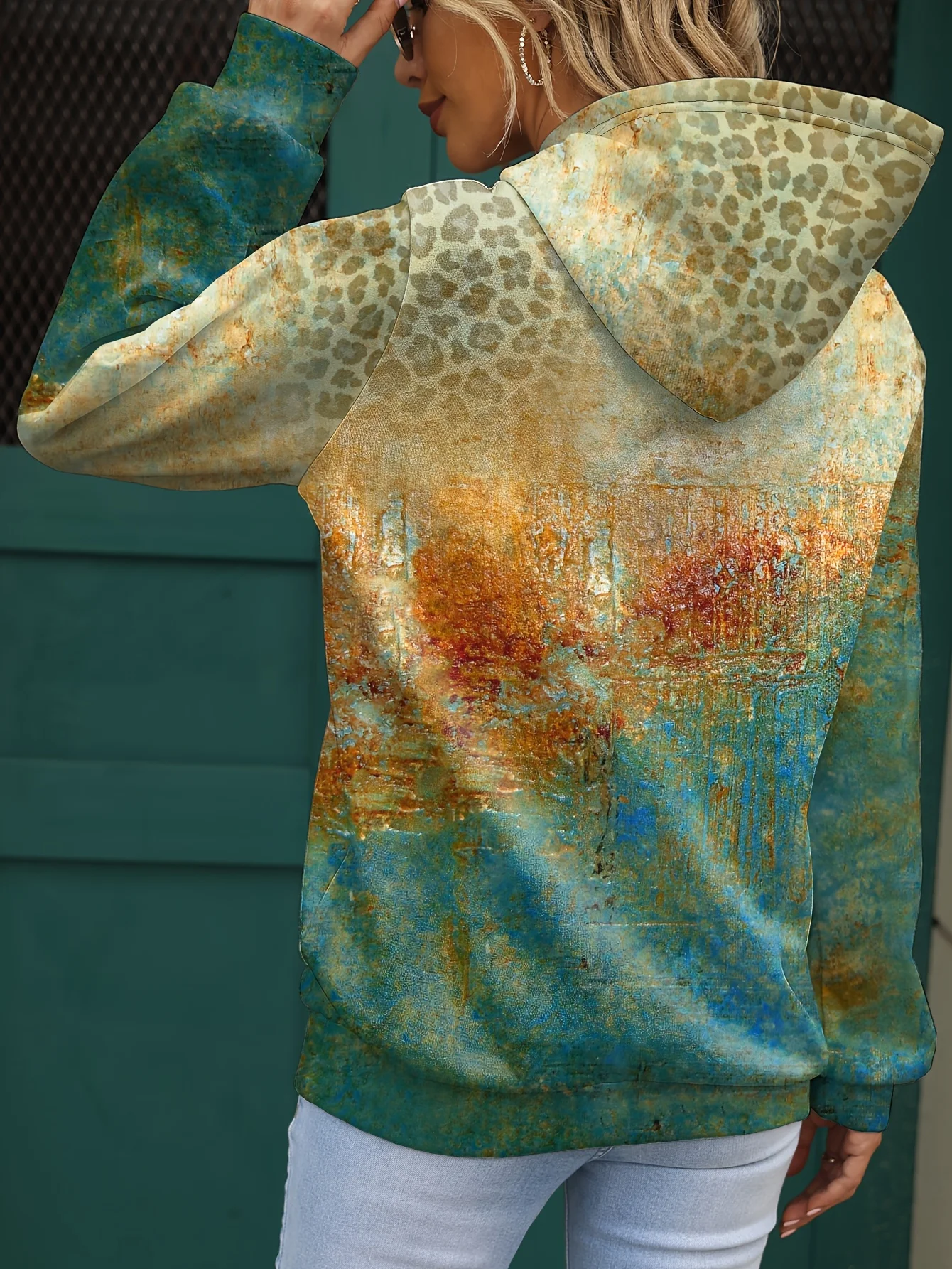 Loose Casual Leopard Print Gradient Pocket Hoodie