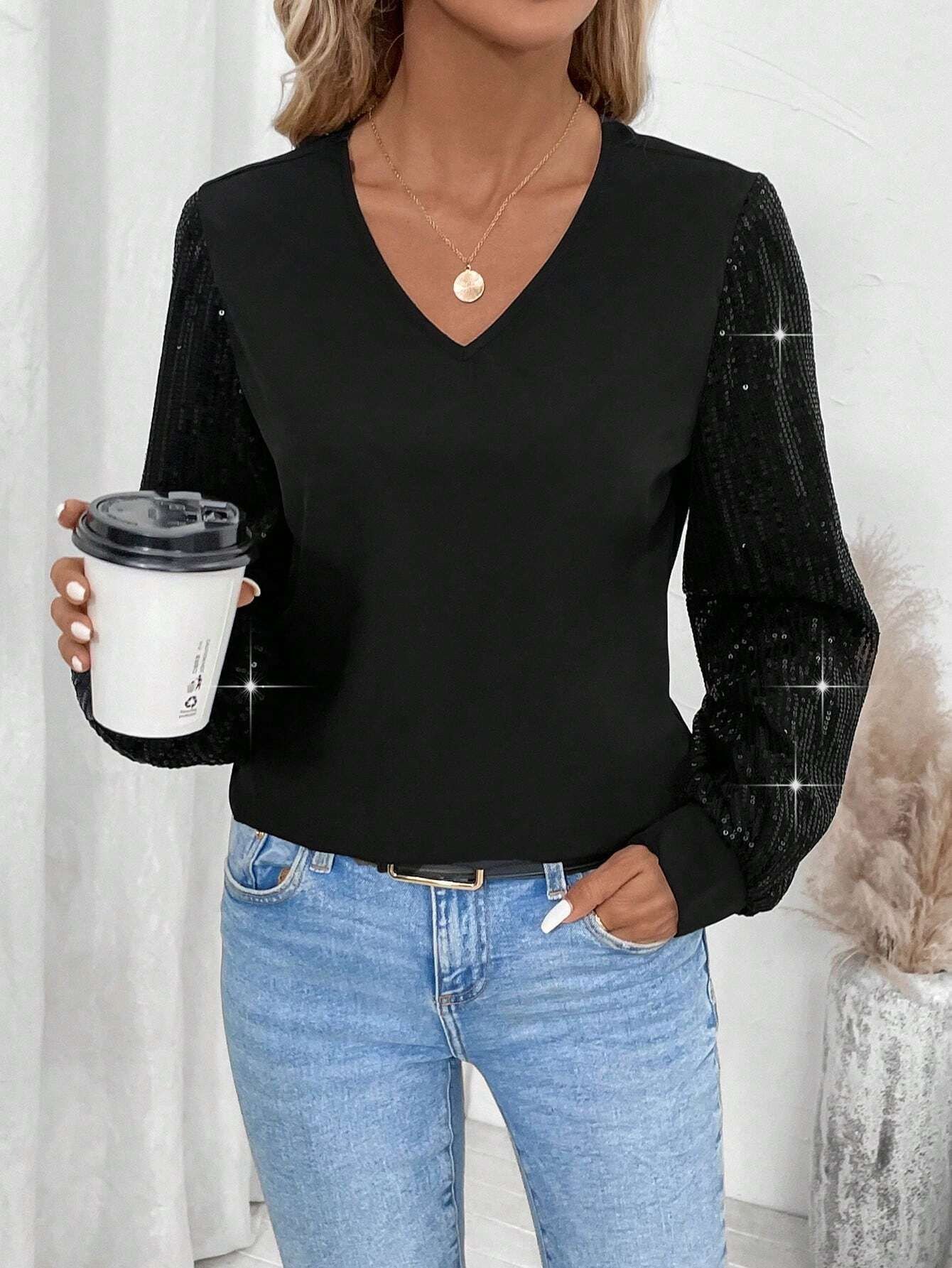 Casual V Neck Glitter Blouse