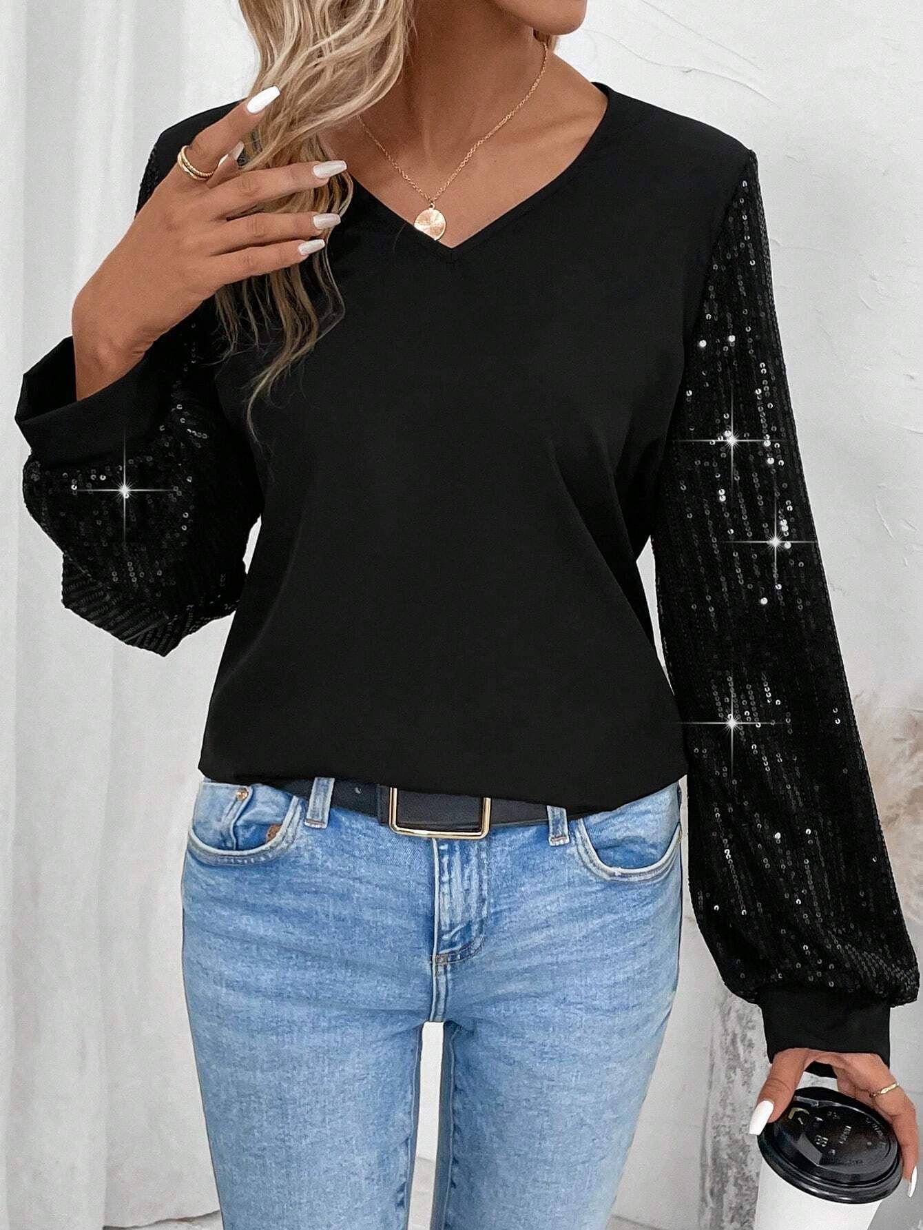 Casual V Neck Glitter Blouse