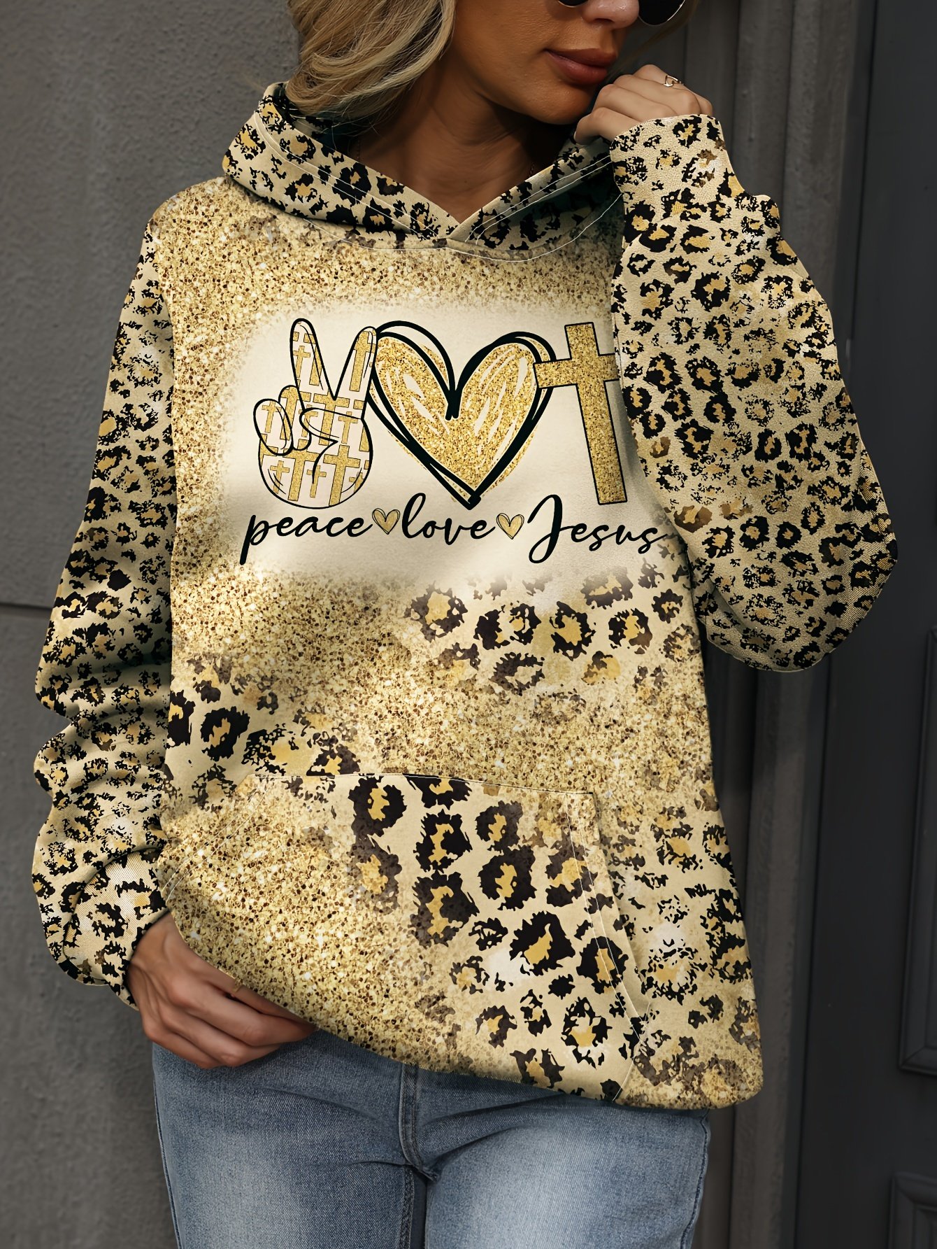 Loose Casual Leopard Print Peace Love Jesus Letter Print Hoodie