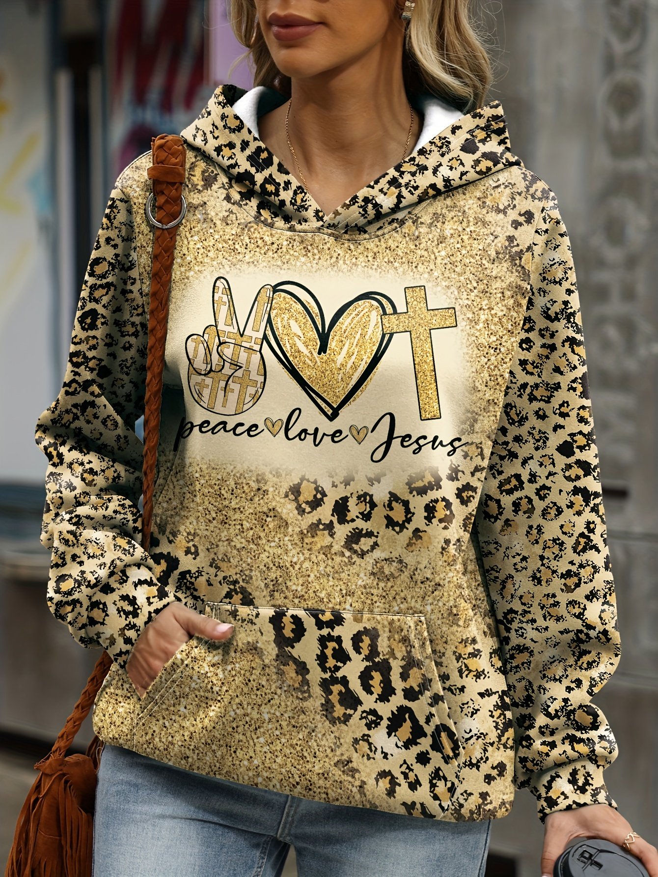 Loose Casual Leopard Print Peace Love Jesus Letter Print Hoodie