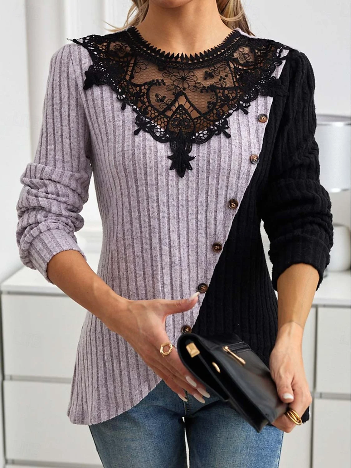 Women's Plain Lace Crew Neck Daily Going Out Casual Top