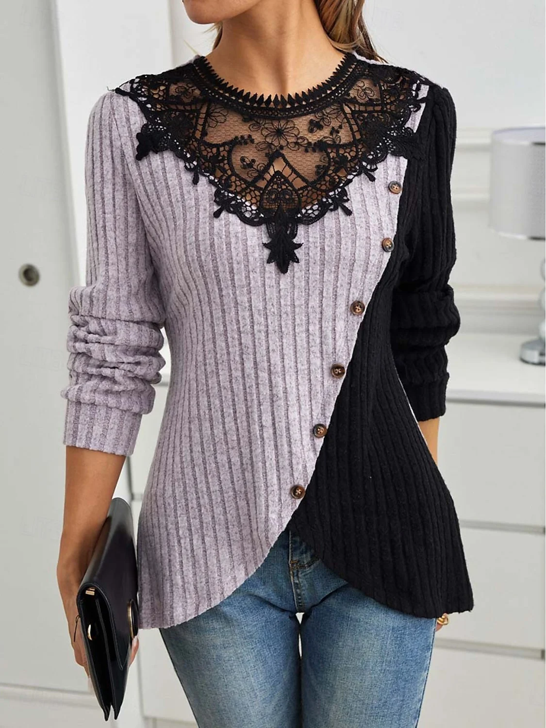 Women's Plain Lace Crew Neck Daily Going Out Casual Top