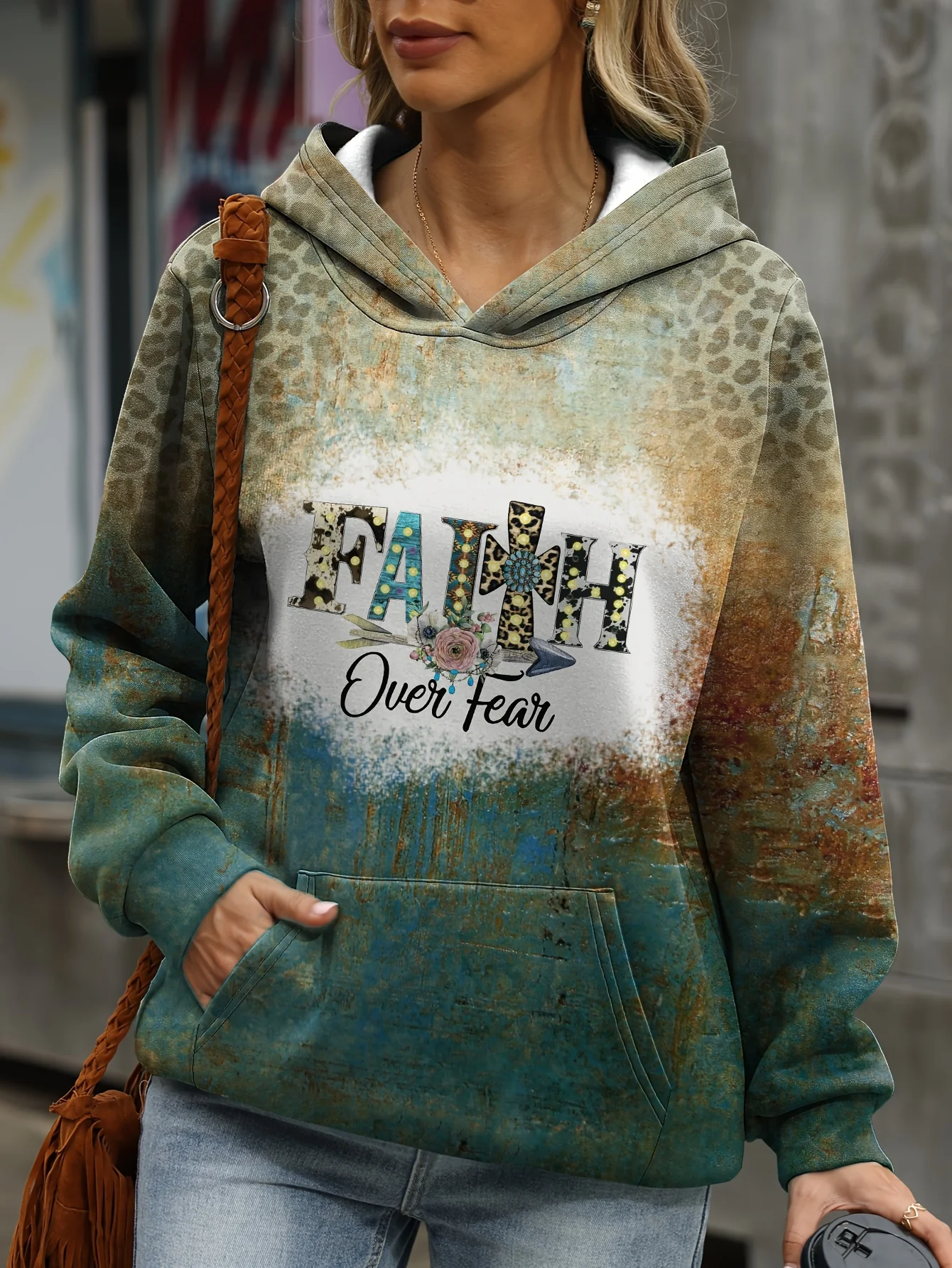 Loose Casual Leopard Print Gradient Pocket Hoodie