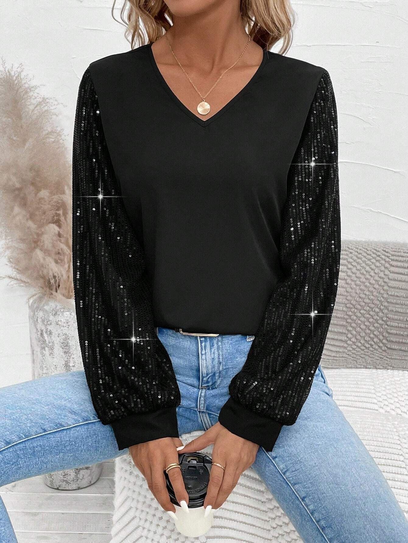 Casual V Neck Glitter Blouse