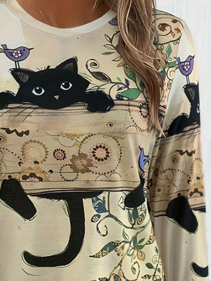 Cute Cat Design Round Neck Casual T-Shirt